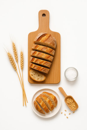 Top view crusty baguette bread sliced on long wooden cutting board with golden wheat ears and round glass jar of salt on white backgroundの素材