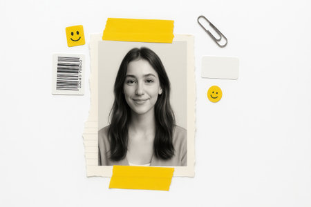 Vertical collage frame with central black and white female portrait fixed by rough yellow tape strips on pure white backgroundの素材