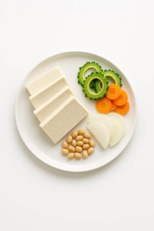 Top view Shima Dofu rectangular slices in fan on white plate surrounded by small piles of bitter melon carrot and onionの素材