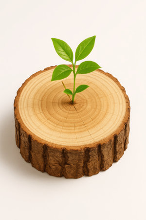Single fresh cut tree stump with bright green new leaves sprouting from top surface wood grain and growth rings in sharp focus top view on smooth white backgroundの素材