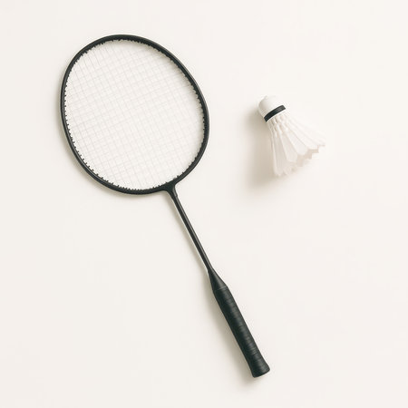 Top view single modern badminton racket with white shuttlecock neatly arranged on smooth white surface sports equipment concept for game training and fitness designの素材