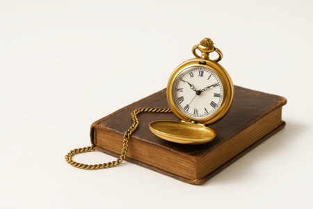 Vintage golden pocket watch resting on aged leather bound book with lid open showing roman numeral dial classic timepiece concept for history reading and nostalgiaの素材