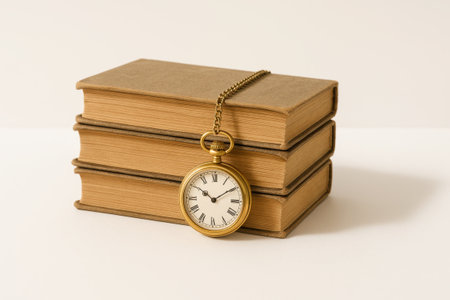 Small stack of timeworn hardcover books with vintage golden pocket watch hanging over edge of top book on white background classic literature and time conceptの素材
