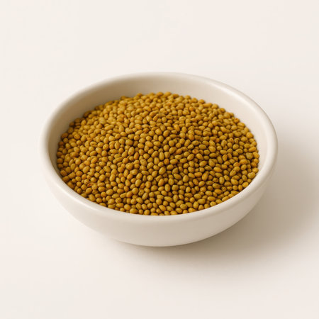 Raw alfalfa seeds arranged in shallow white ceramic bowl slightly off center on white background healthy organic sprouting superfood ingredient for vegan cuisine and agricultureの素材