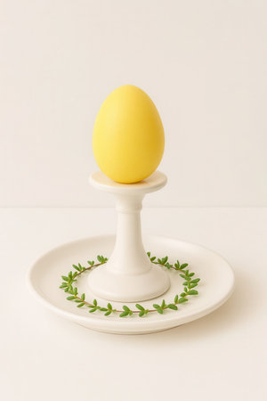 Top view yellow easter egg on white plate encircled by tiny green leaves forming soft wreath minimal spring holiday symbol for christian greeting card and table decorの素材
