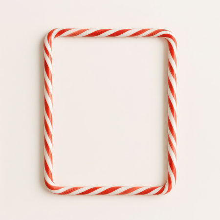 Rectangular frame made from red and white striped candy canes carefully aligned on white background festive christmas border template for sweet holiday card and poster designの素材