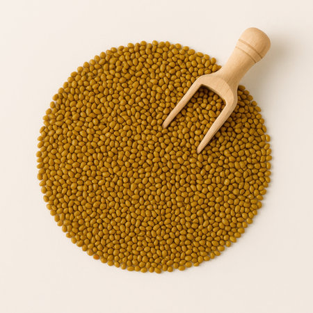 Top view circular mound of dry alfalfa seeds on white surface with small wooden scoop partly buried healthy organic sprouting superfood and agriculture conceptの素材