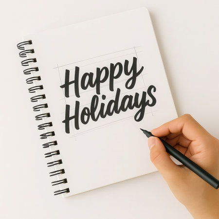 Top view open sketchbook showing page with bold happy holidays brush lettering hand holding pen near corner festive greeting card mockup for winter message designの素材