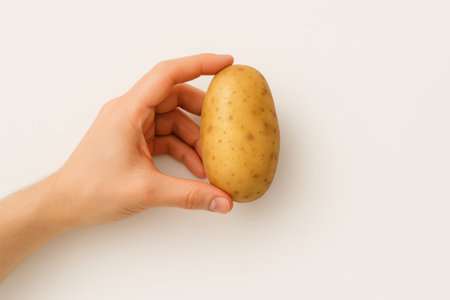 Top view adult hand reaching in from side holding raw russet potato above white surface faint shadow below farm harvest vegetable and cooking ingredient conceptの素材