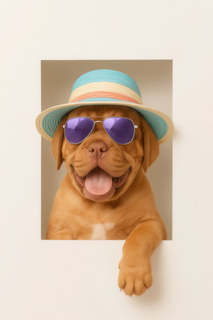 Cool mastiff puppy wearing striped vacation hat and purple mirrored sunglasses looking out from rectangular paper window on white background funny pet portrait for poster and cardの素材
