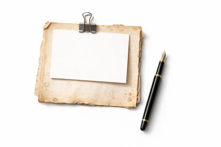 Top view torn vintage diary page with frayed edges and ink smudges blank center with clipped white card clean flat lay isolated on white backgroundの素材
