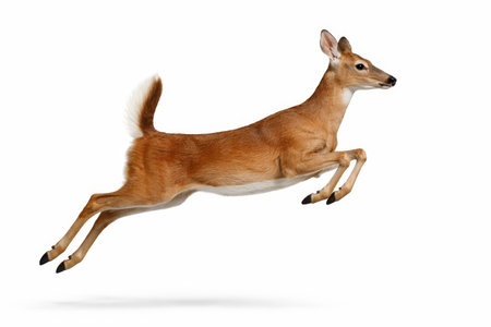 White tailed deer captured mid leap with all hooves off ground dynamic action freeze studio photo isolated on white backgroundの素材