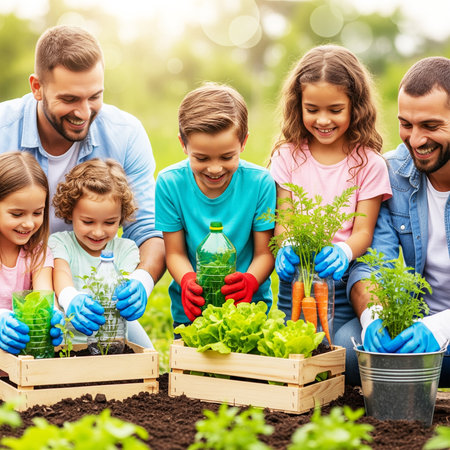 family, gardening, farming and people concept - happy family planting seedlings in greenhouseの素材