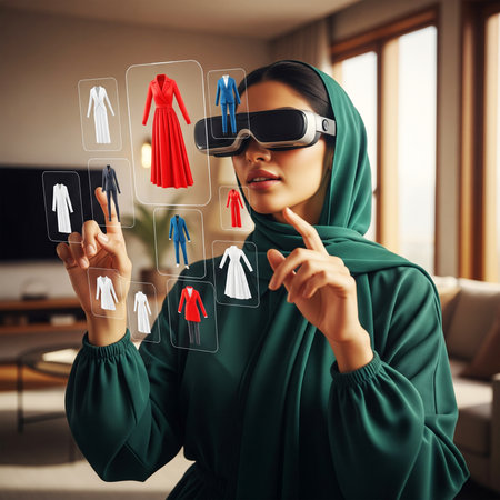 business, peopleented reality and technology concept - smiling muslim woman in virtual reality headset with shopping bags at homeの素材