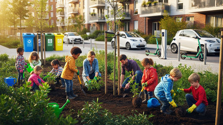 Group of children planting trees in the garden. Children working in the garden.の素材