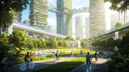 Bicycle path and cityscape in the park with sun light.の素材