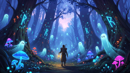 Fantasy forest with a man in a suit and a hat.の素材