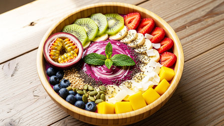 Healthy smoothie bowl with fruits and berries on a wooden table.の素材
