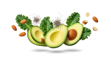Avocado with leaves and nuts. Vector illustration. Healthy food.の素材