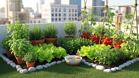 Vegetable garden with fresh herbs and tomato plants.の素材