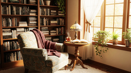 Interior of a living room with armchair and bookshelf.の素材