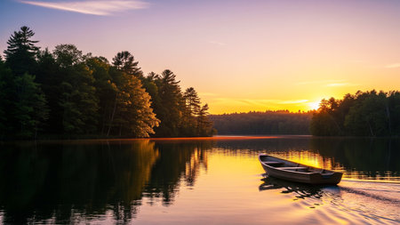 Sunset on the lake with wooden boat and forest in the background.の素材