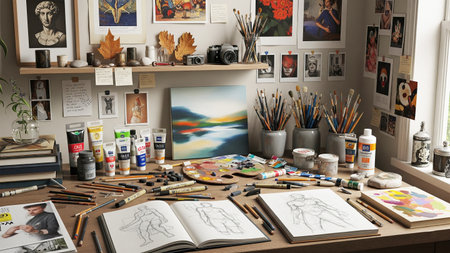 Interior of an artist's studio. Drawing and painting tools.の素材