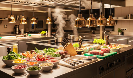 Close up of a modern kitchen with a lot of vegetables and meatの素材
