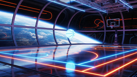 View of a futuristic space station with neon lights.の素材