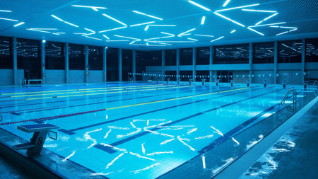 Interior of a swimming pool at night with lights and reflections.の素材
