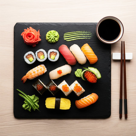 Sushi set on black slate plate with soy sauce and chopsticksの素材