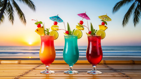 Colorful cocktails on the beach at sunset. Cocktails on the beach.の素材