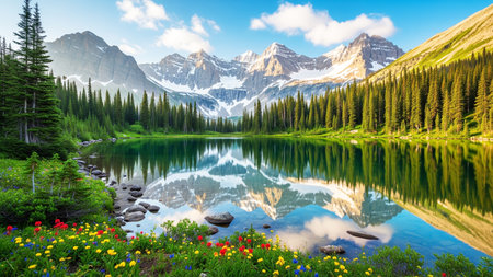 Mountain lake with reflection of snow-capped mountains and coniferous forest.の素材