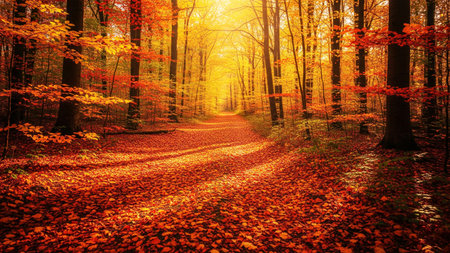 Beautiful autumn landscape. Path through the colorful forest with fallen leaves.の素材
