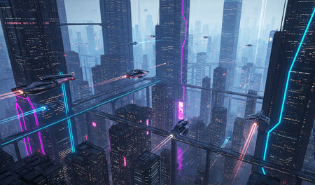 A beautiful futuristic city with skyscrapers and neon lights.の素材