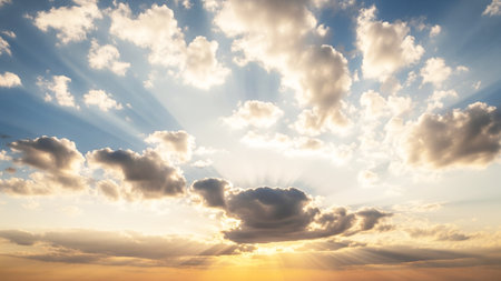 Sunset sky with clouds and sunbeams. Nature background.の素材