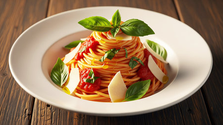 Spaghetti with tomato sauce and parmesan cheese on wooden table.の素材