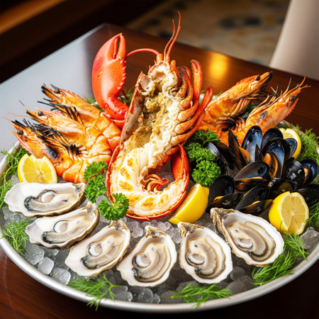 Seafood platter with lobster, mussels and oysters.の素材