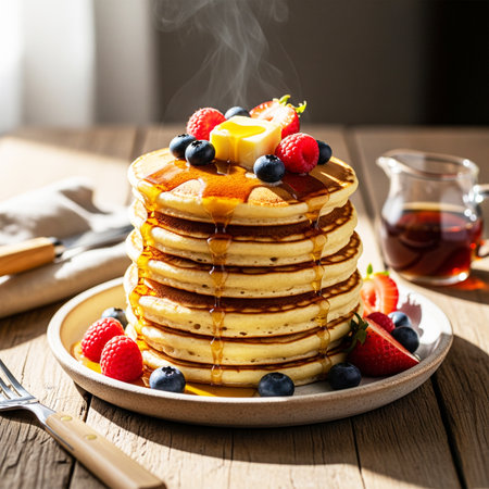 Pancakes with honey and berries on a wooden background. Selective focus.の素材