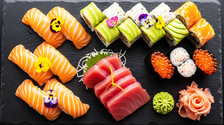 Sushi set on black stone background. Sushi rolls with salmon, tuna, caviar, avocado, cucumber, cream cheese, wasabi and ginger. Top view.の素材