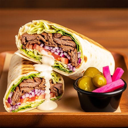 Doner kebab - grilled meat and vegetables in pita breadの素材