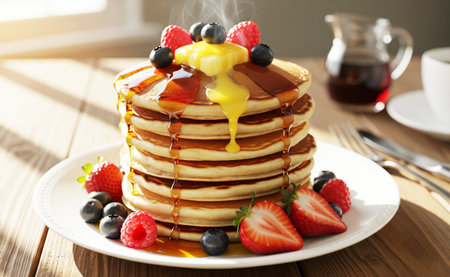 Plate with tasty pancakes and berries on wooden table, closeupの素材