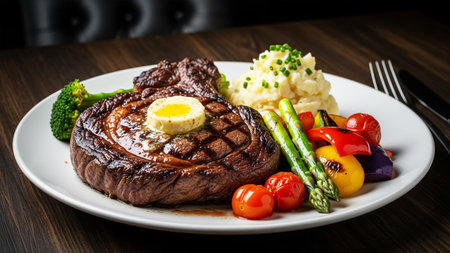 Grilled beef steak with asparagus and mashed potatoes on white plate.の素材