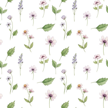 Seamless pattern with watercolor flowers. Hand drawn illustration.の素材