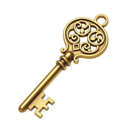 Art golden key isolated on clean background. 3d render illustration.の素材