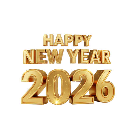 Happy New Year 2026 gold text on white background. Vector illustration.の素材
