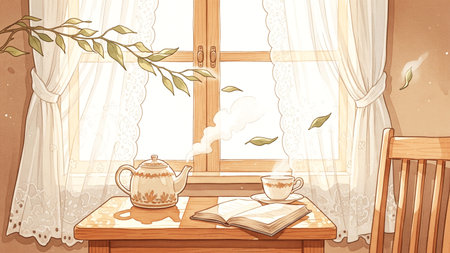 Illustration of a cup of coffee on the table near the windowの素材