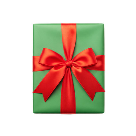 Green gift box with red ribbon bow isolated on white background, clipping path includedの素材