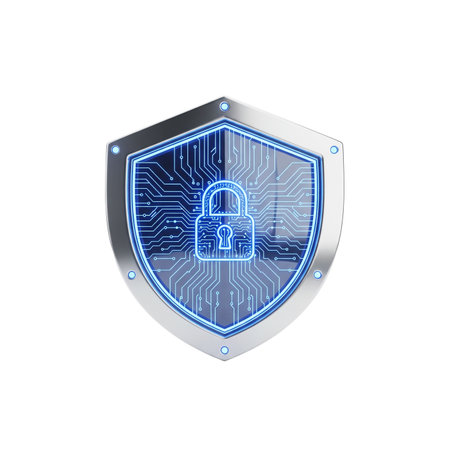 Cyber security concept. Shield with padlock on white background.の素材