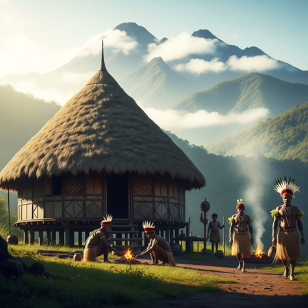 A small round Papuan house with a cone-shaped straw roof, located in misty highlands with a natural village ambiance.の素材